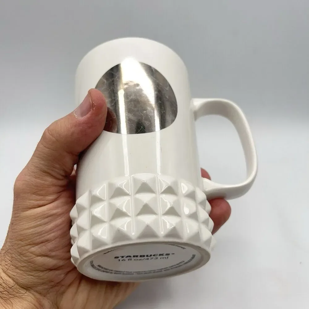 STARBUCKS COFFEE 2014 Tall White Mug Cup Mirror Label Hobnail Base 16 Oz - Picture 6 of 11
